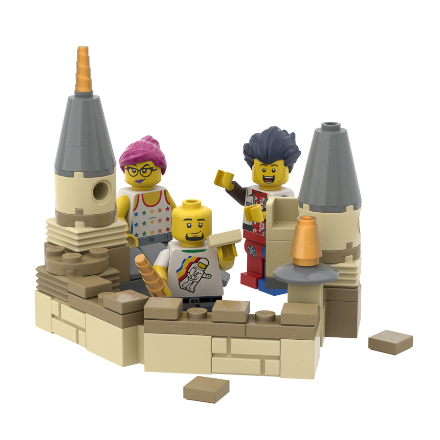 Minifigures assembling a large brick-built cathedral model together
