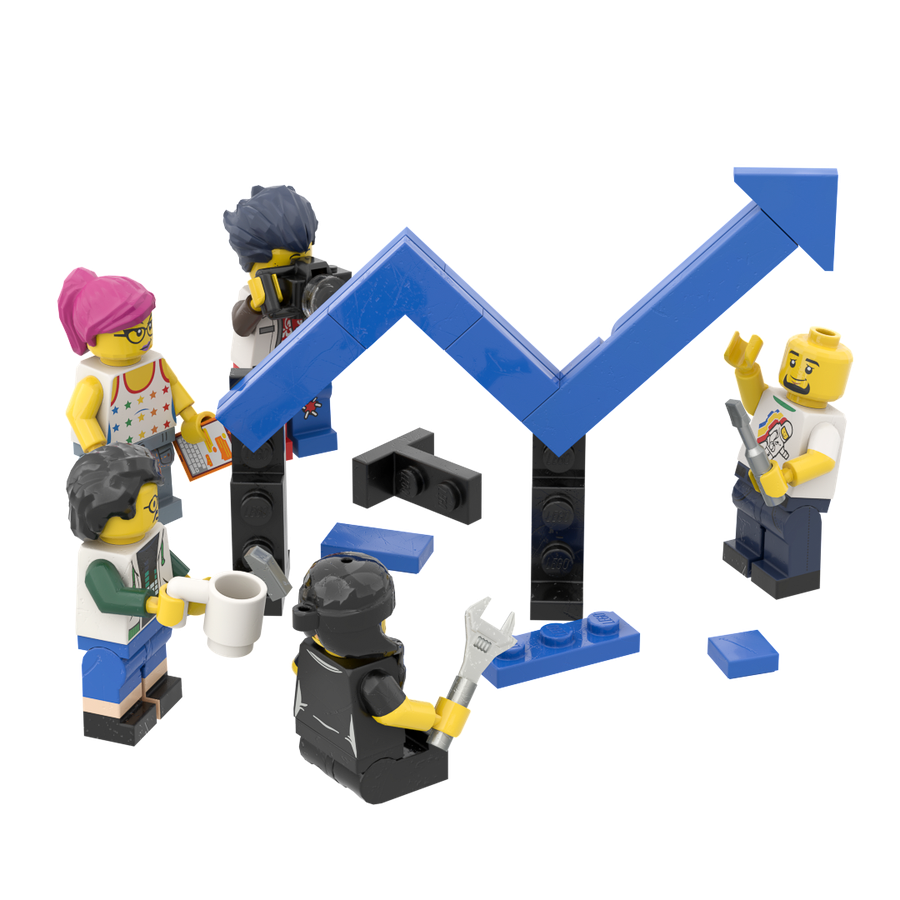 Minifigures teaming up to assemble a rising brick-built chart arrow