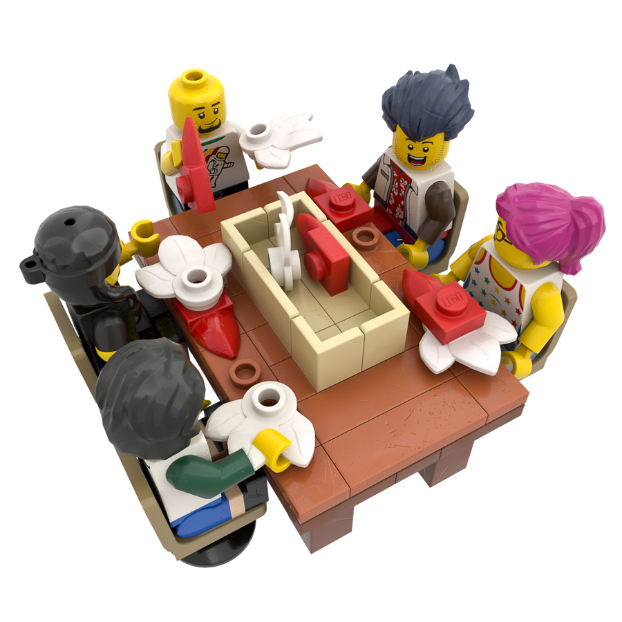 Minifigures gathered around a brick-built table at a workshop