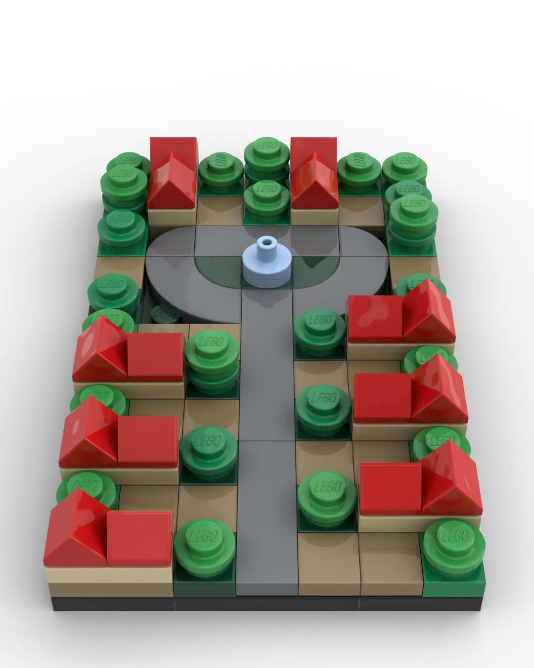 A nano-scale cul-de-sac — multiple tiny houses around a central island.