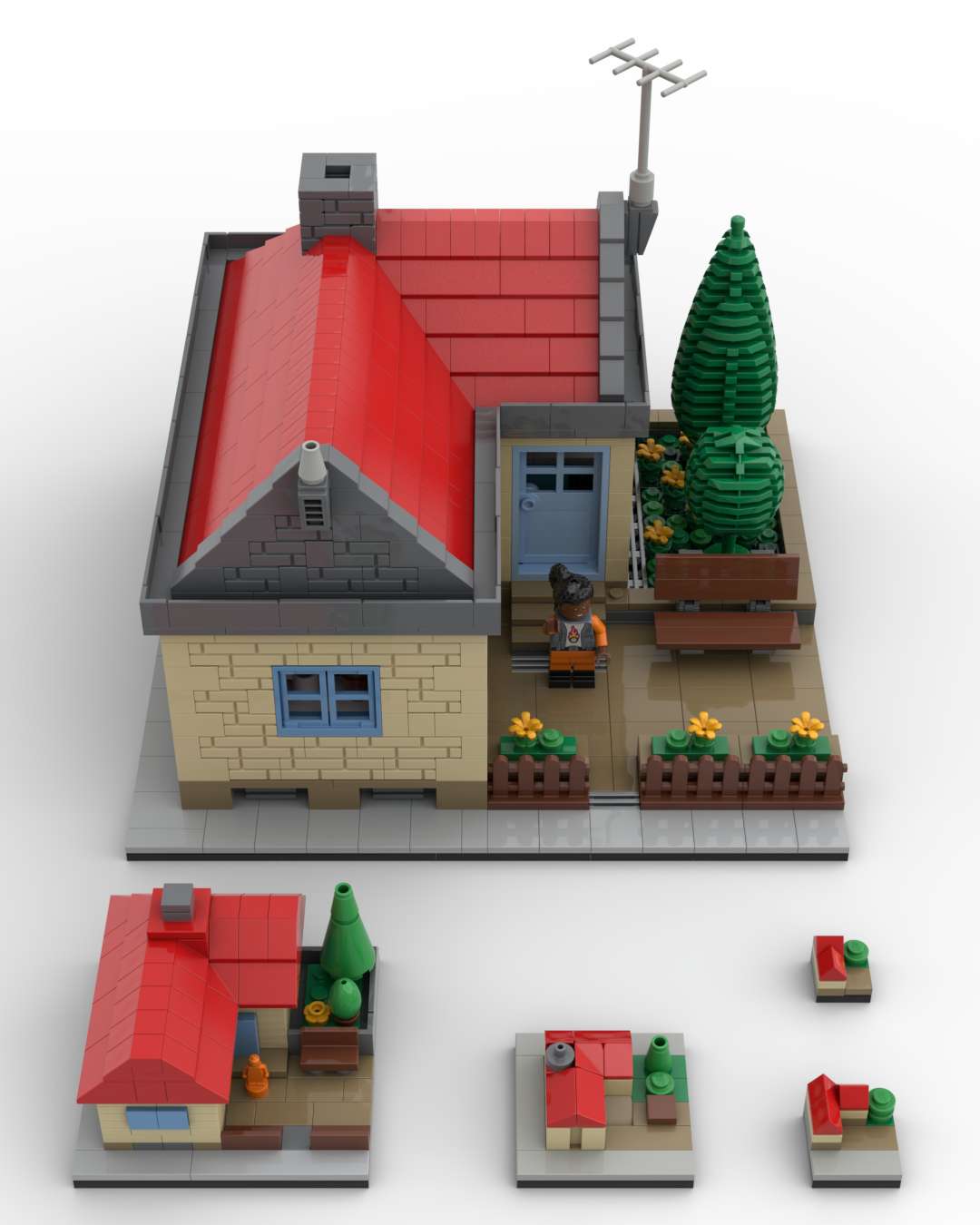 The same subject built at every scale — from minifig house down to nano cottages.